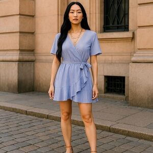 Listicle Women’s Small Blue/White Pinstripe Mini-Wrap Around Short Sleeve Dress